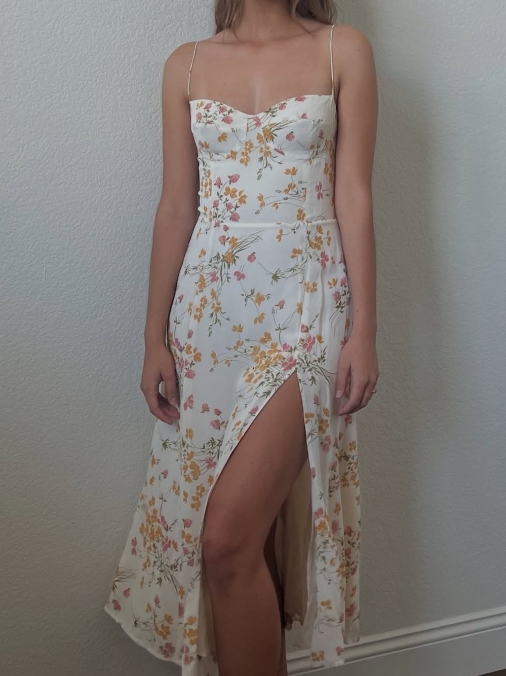 Floral Cream Spaghetti Strap Midi Dress with Side Slit Sz 12
